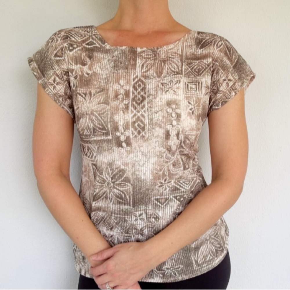 Vintage Jessica Michelle green beige tropical floral print crepe blouse medium